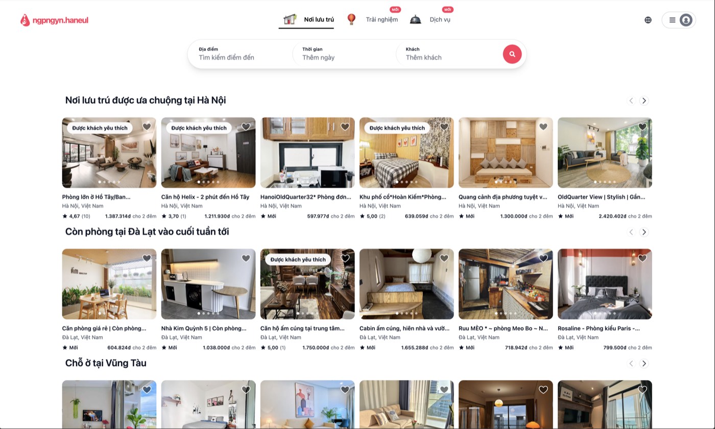 Homestay booking homepage listing stays in Hanoi, Da Lat and Vung Tau with nightly prices and guest ratings
