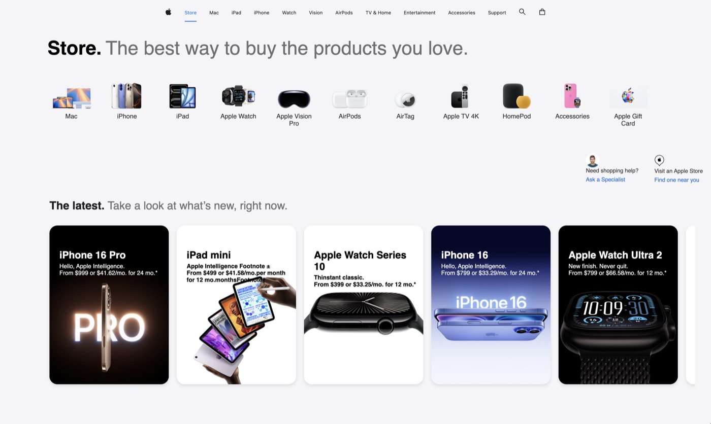 Apple Store clone with product category icons and a grid of the latest iPhone, iPad and Apple Watch cards