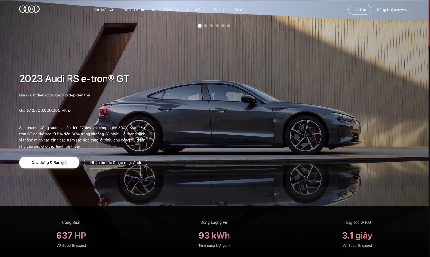 Audi Vietnam landing page hero showing a 2023 Audi RS e-tron GT with power, battery and acceleration figures