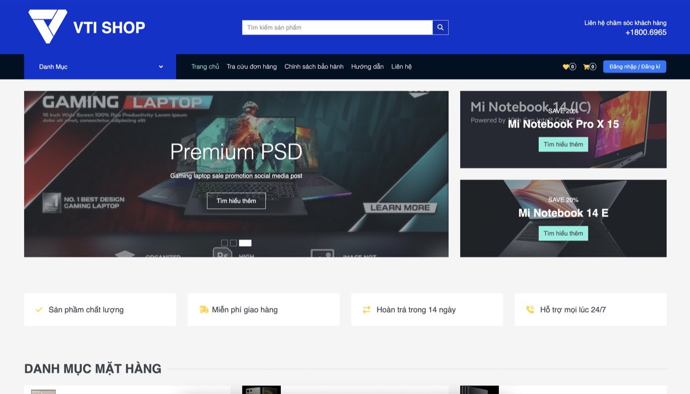 VTI Shop storefront with a gaming laptop hero banner, search bar and category navigation